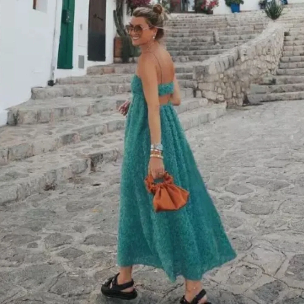 ZARA Textured Weave Sea Foam Green Floral Spaghetti Strap Summer Midi Dress - Picture 2 of 10